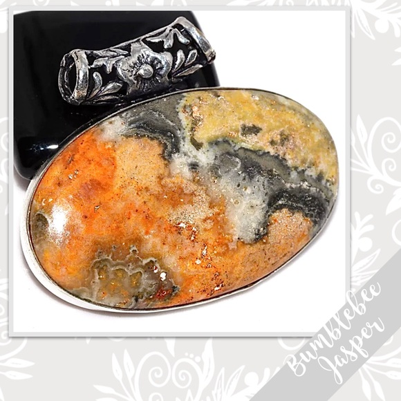 Jewelry - Bumblebee Jasper Large Silver Floral Artisan Pendant, 1.5” (Orange, Gold, Black)